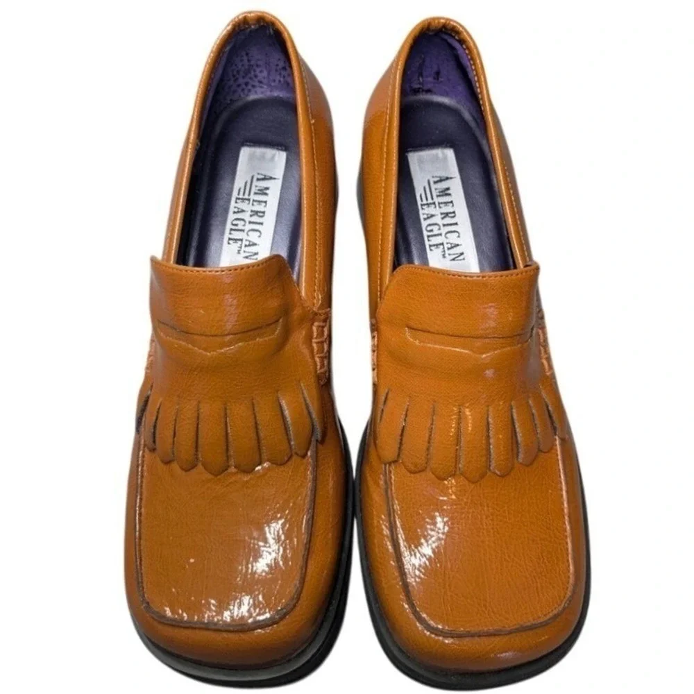 American Eagle Platform Loafers Shoes‎ Retro Tan Chunky Heel Tassel Womens 6